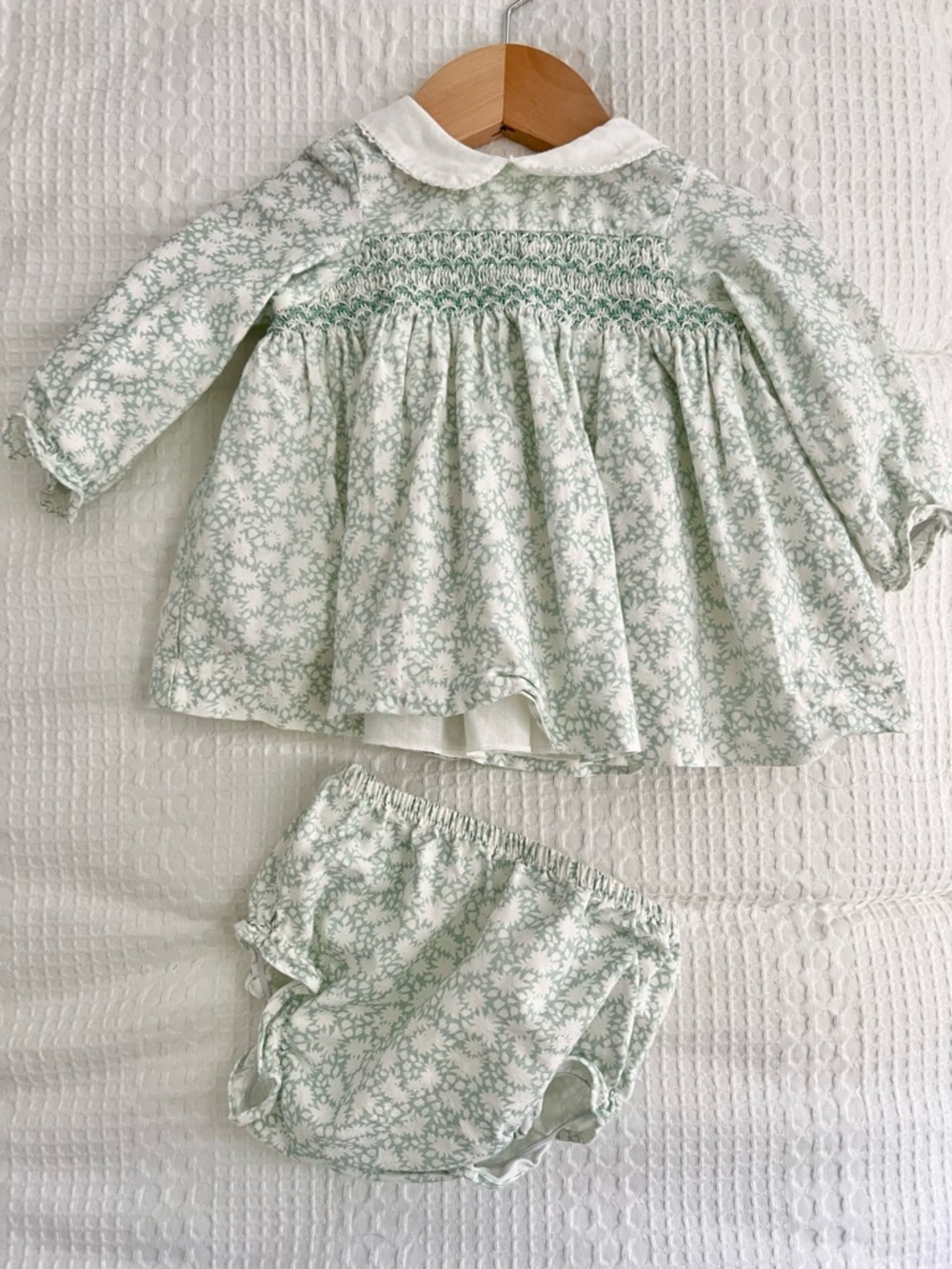 Smocked Floral Baby Dress & Bloomers in Soft Mint Green